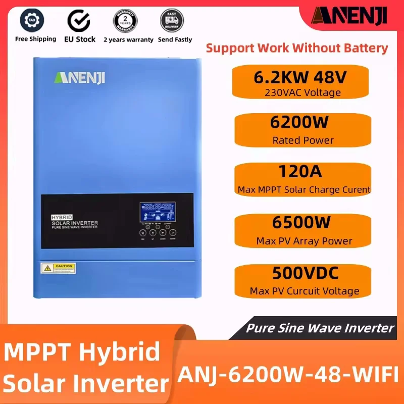 6.2KW Hybrid Solar Inverter 48V 120A MPPT 230V 500VDC Solar Power Pure Sine Wave Charge Controller On Off Grid Inverter