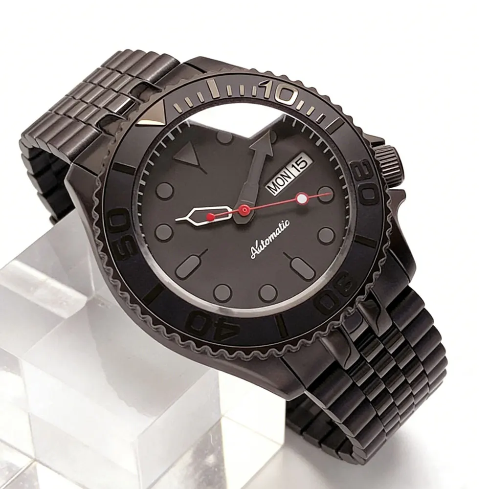 Tandorio 41mm SKX Men's Diving Watch Black PVD Case Domed Sapphire Glass 20BAR Date Day Display NH36A Automatic Mechanical Watch