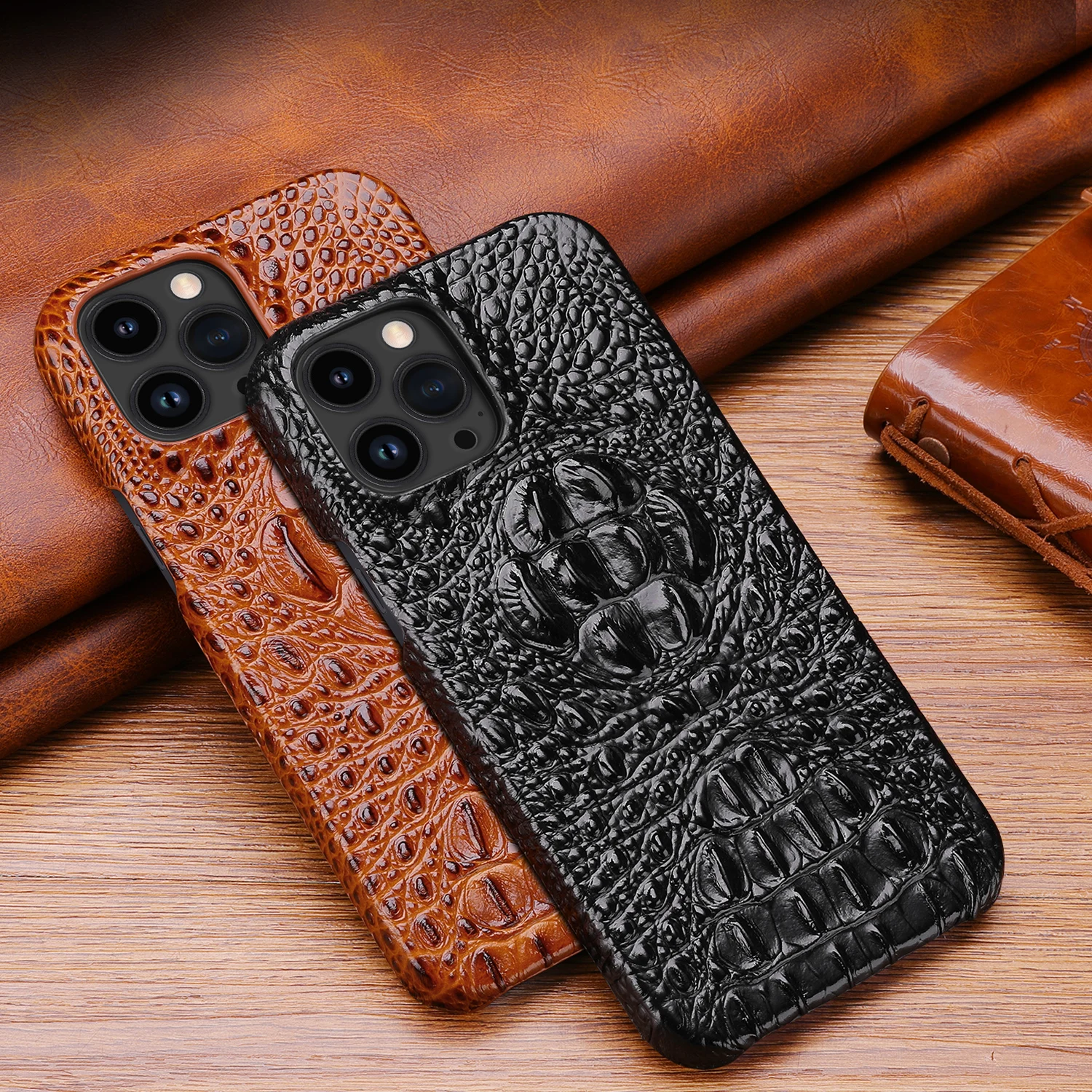 Funda de cuero de vaca genuino para iPhone 14 15 16 Pro Max cubierta trasera de calavera de cocodrilo