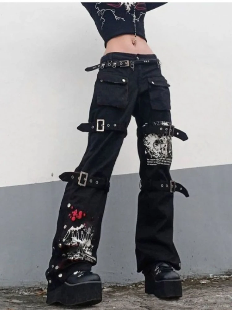 

Summer Print Japanese Y2k Pants Women Gothic Pockets Retro High Waist Jeans Female Fashion Chic Vintage Jean Strappy Trousures