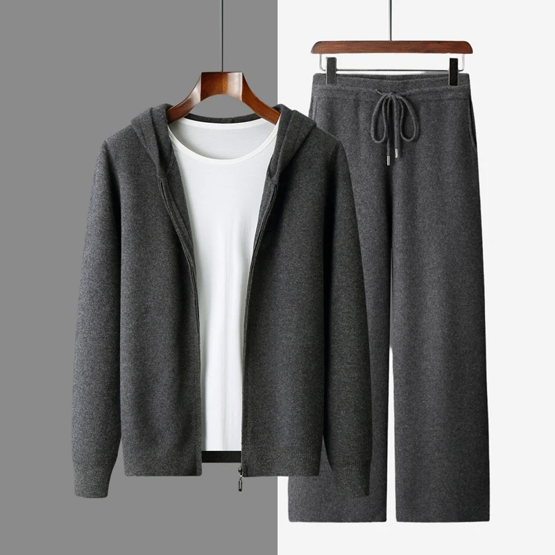 Luxury Men 100% Cashmere Hooded Sweater Cardigan Casual Cashmere Pants Set Thick Warm Knitwear Autumn Winter Jacket Hoodie Tops