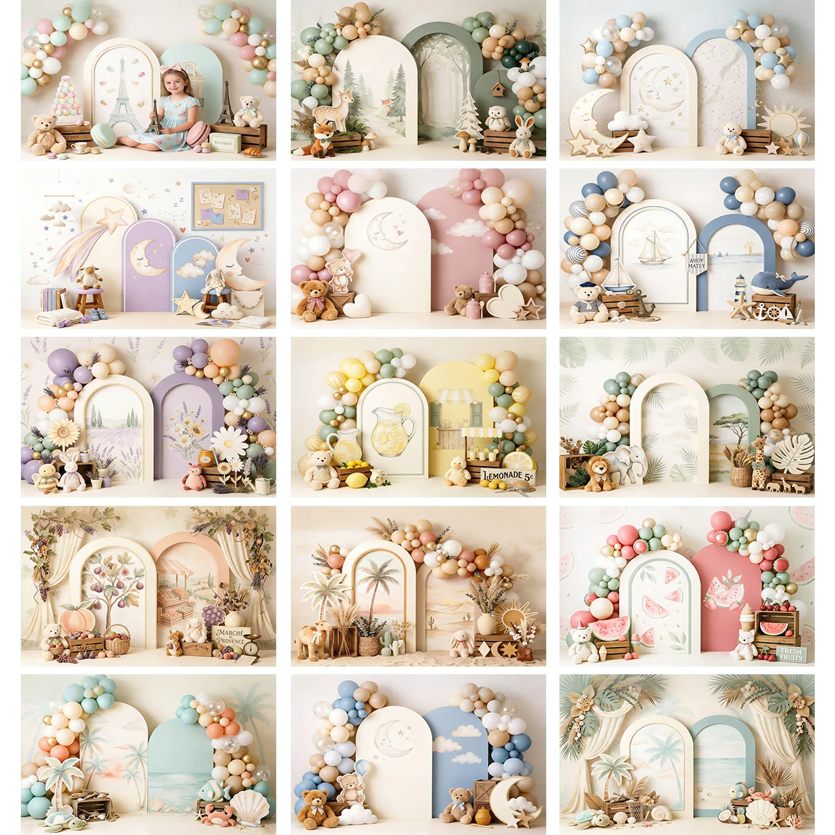Colorful Multiple Different Themes Bohemian Arch Balloon Newborn Baby Kids Portrait Photography Backdrop Photo Studio Background