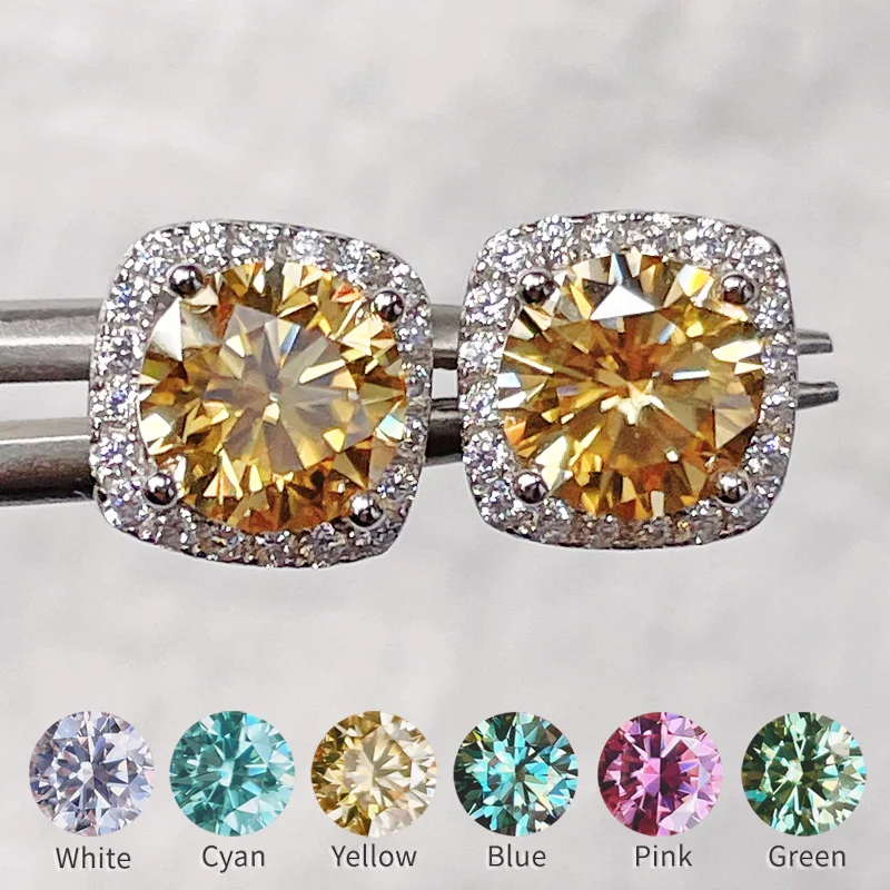 

100% Real Moissanite Earrings Jewelry For Women Golden Yellow Diamond Studs Earrings 0.5ct-1ct 14k White Gold Plated S925 Silver