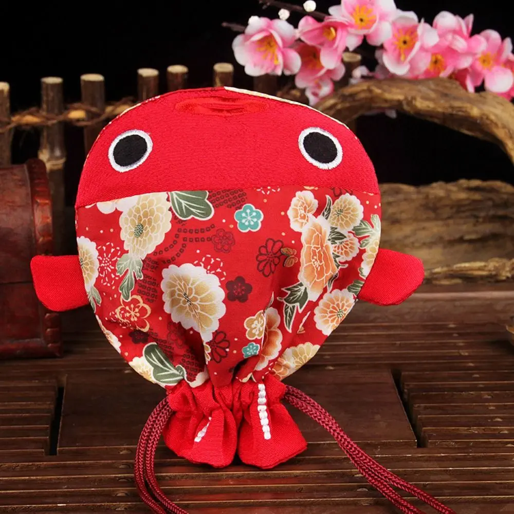 Cartoon Animal Canvas Flower Drawstring Bag Red Color Bag New Year Gold Fish Shape Handbag Coin Purse Korean Style