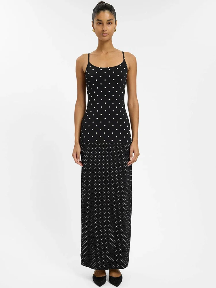 

Spaghetti Strap Polka Dot Backless Sexy Maxi Dress Women Elegant Square Collar Sleeveless Bodycon Club Party Long Dress