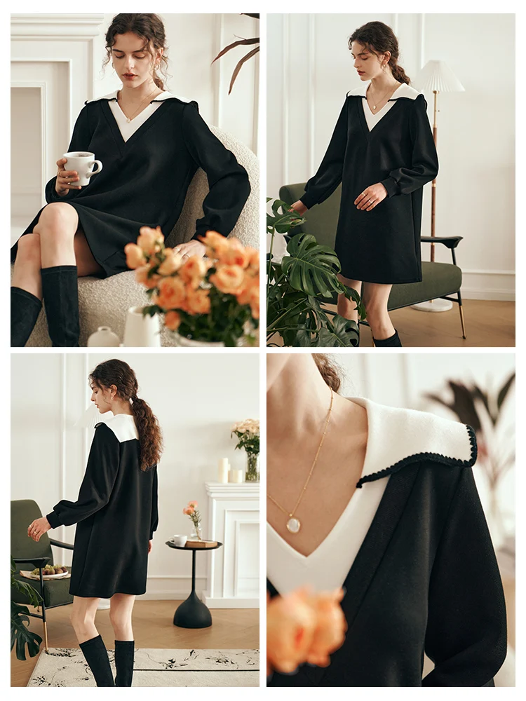 OLrain Sailor Collar Woman Dresses 2025 Autumn Preppy Style Black A-line Elastic Knit Puff Sleeve Spliced Mini Dress N56QL85505