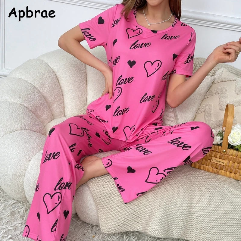 Spring Summer Pajamas for Women Heart Print Pijamas Soft Woman Sleepwear Fashion Short Sleeves Long Pants Girl Pajama Set