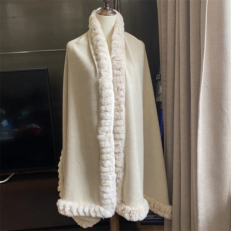 100% Pure Cashmere Shawl with Real Rex Rabbit Fur Trim Wraps Cloak Coat Women Winter Warm Sweeter Cape