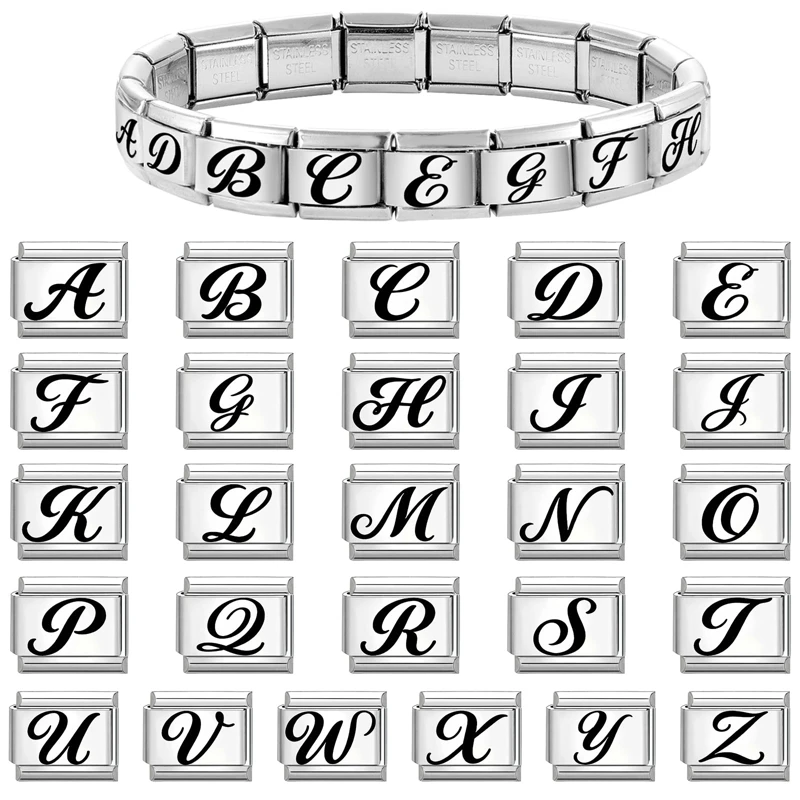 Y2K Laser Engraving 26 English A-Z Letters Black Italian Charm Links Fit 9mm Stainless Steel Bracelet DIY Making Jewelry Gifts