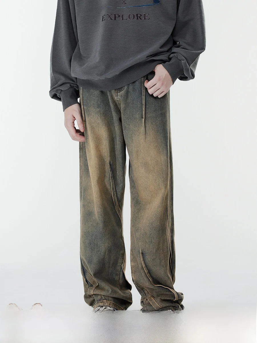 

Мужские джинсы в стиле ретро, американский деним, синие, винтажные, с плиссировкой, свободного прямого кроя, уличные, длинные брюки, хлопок...