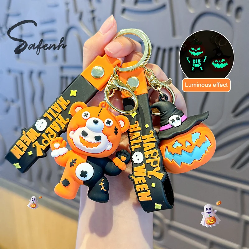 Kawaii Luminous Halloween Keychain Cartoon Toys Pumpkin Skull Model Silicone Pendant Keyring Car Backpack Key Holder Accessories