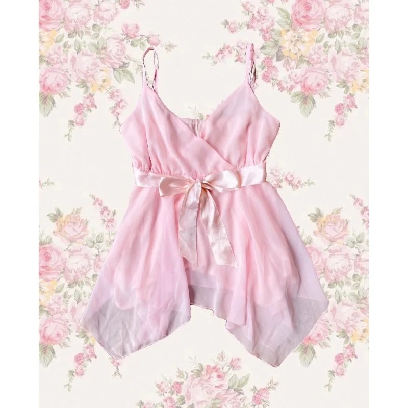 Summer Sweet Cute Pink Bow V-neck Strap Top Y2K Millennium Retro Hot Girl Style Slim Fit Micro Transparent Strap Top