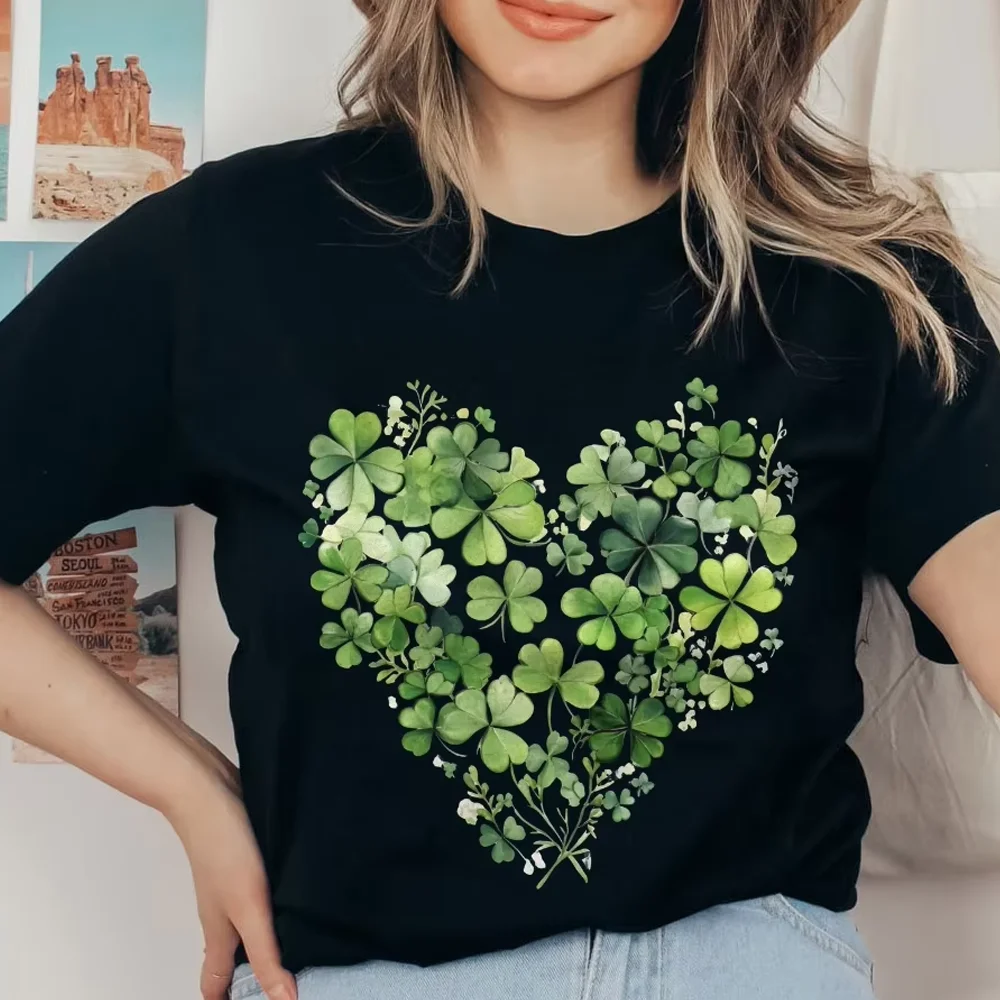 

Graphic T-Shirt Clover Heart Greenery Print Woman Clothing Lucky Y2k Style Pure Cotton Casual Wear Trendy Design Sweet T-Shirt