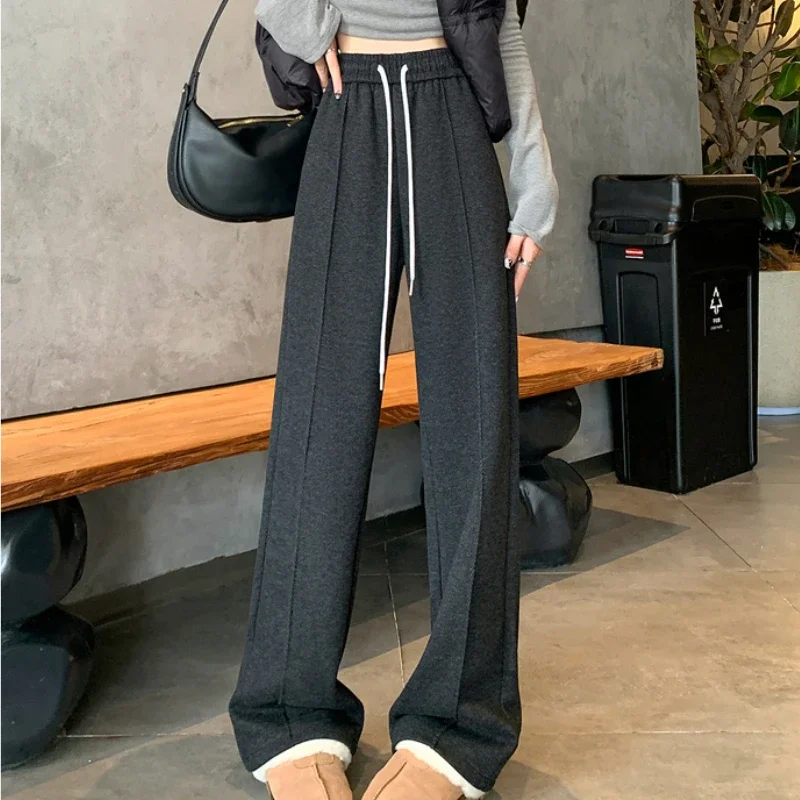 Herringbone Pattern Wide-Leg Pants for Women High Waist Casual Woolen Pants Draping Wool Narrow Version Straight-Leg Trousers