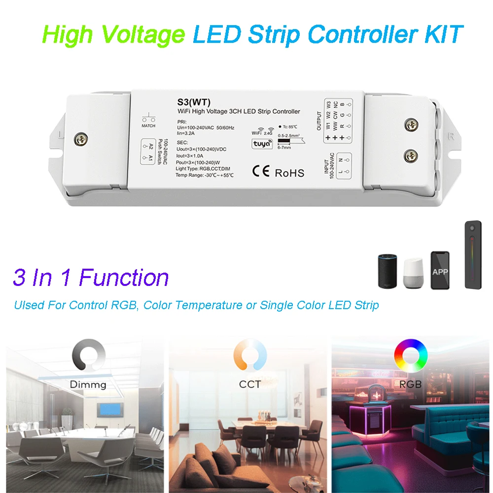 High Voltage LED Strip Controller KIT WiFi TUYA APP Smart Control LED Dimmer 3 IN 1 DC 220V 230V 2.4G Dimming Remote Controller