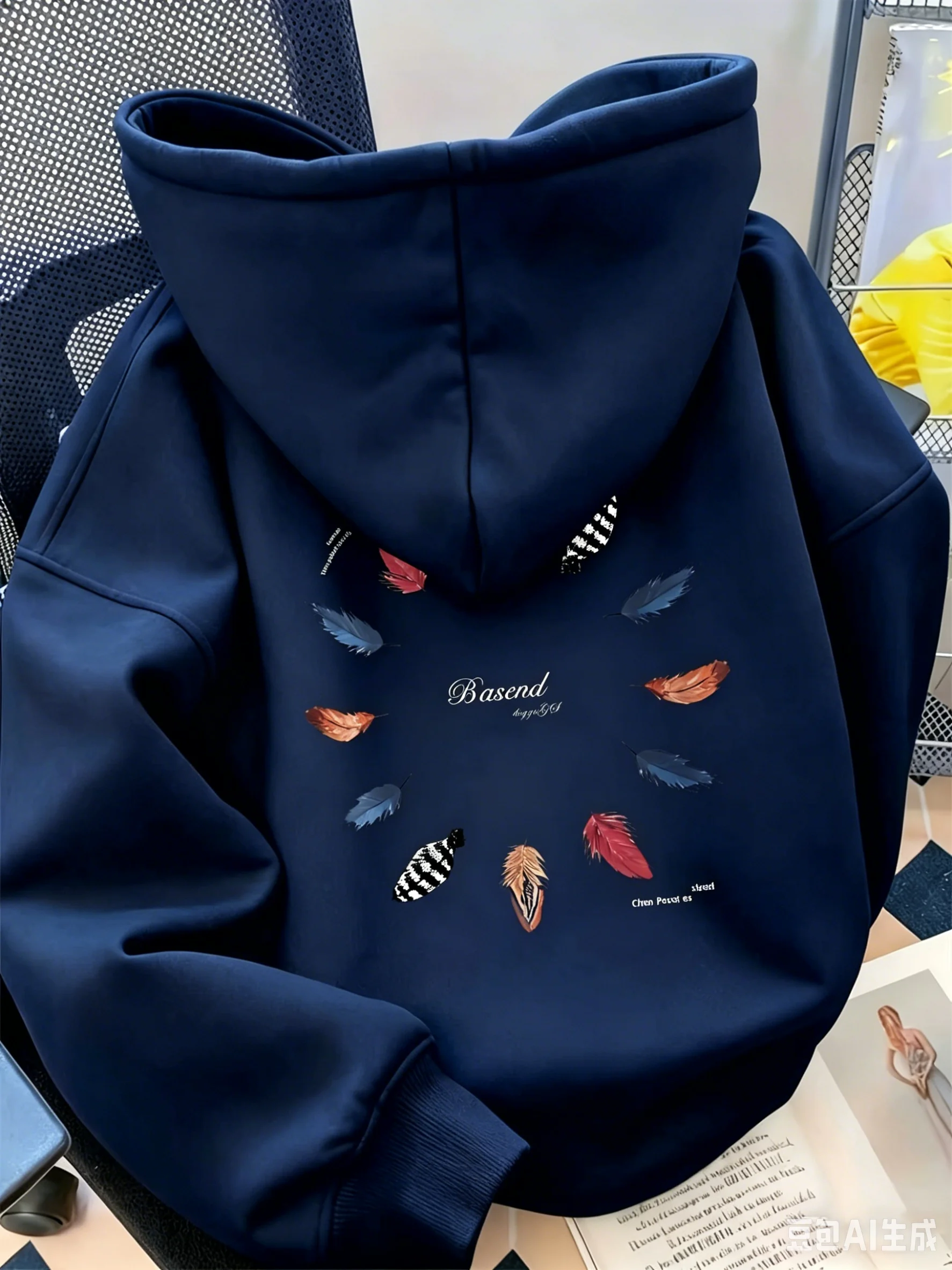Casual and loose men's hooded sweatshirt with retro feather print pullover. Hip-hop, sports and street style hooded sweatshirt