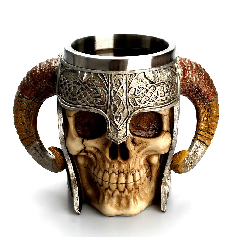 

NEW 304 STAINLESS STEEL COFFEE CUP RESIN SKULL MUG WITH ANTELOPE HORN HANDLES DOUBLE WALL HALLOWEEN CUP TANKARD DRINKWARE