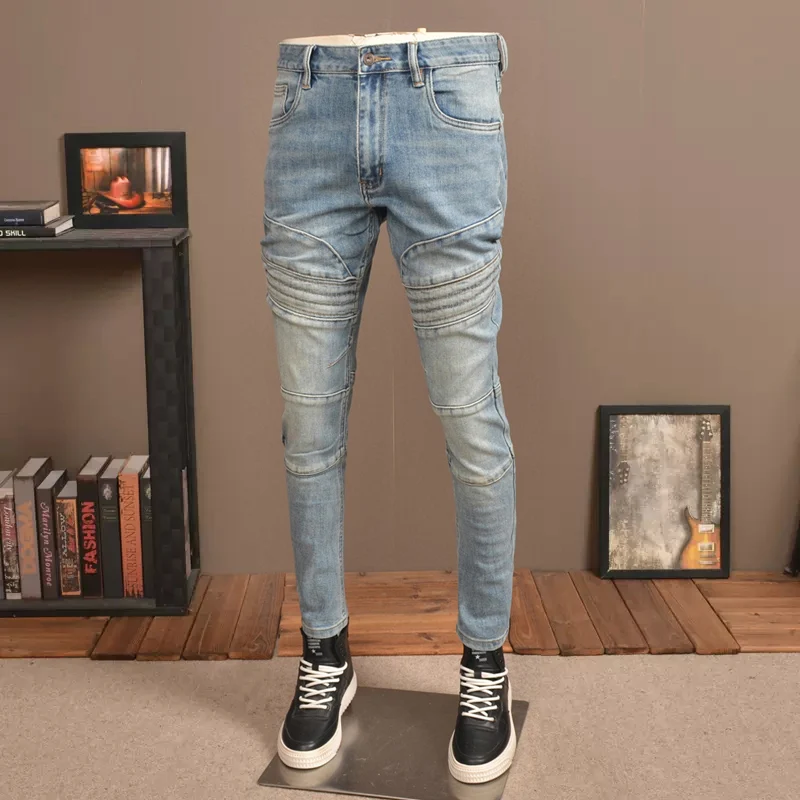 newy2k jeans, washed with water, nostalgic stretch slim fit jeans, light blue jeans, designer hip-hop brand spliced pan