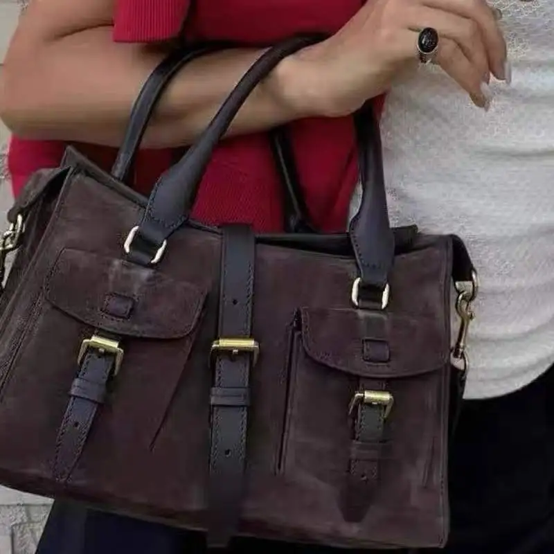 

Модная сумка большой емкости, замшевая кожаная сумка-тоут, школьная сумка для покупок, сумка через плечо в стиле ретро, холщовая сумка с пряжкой