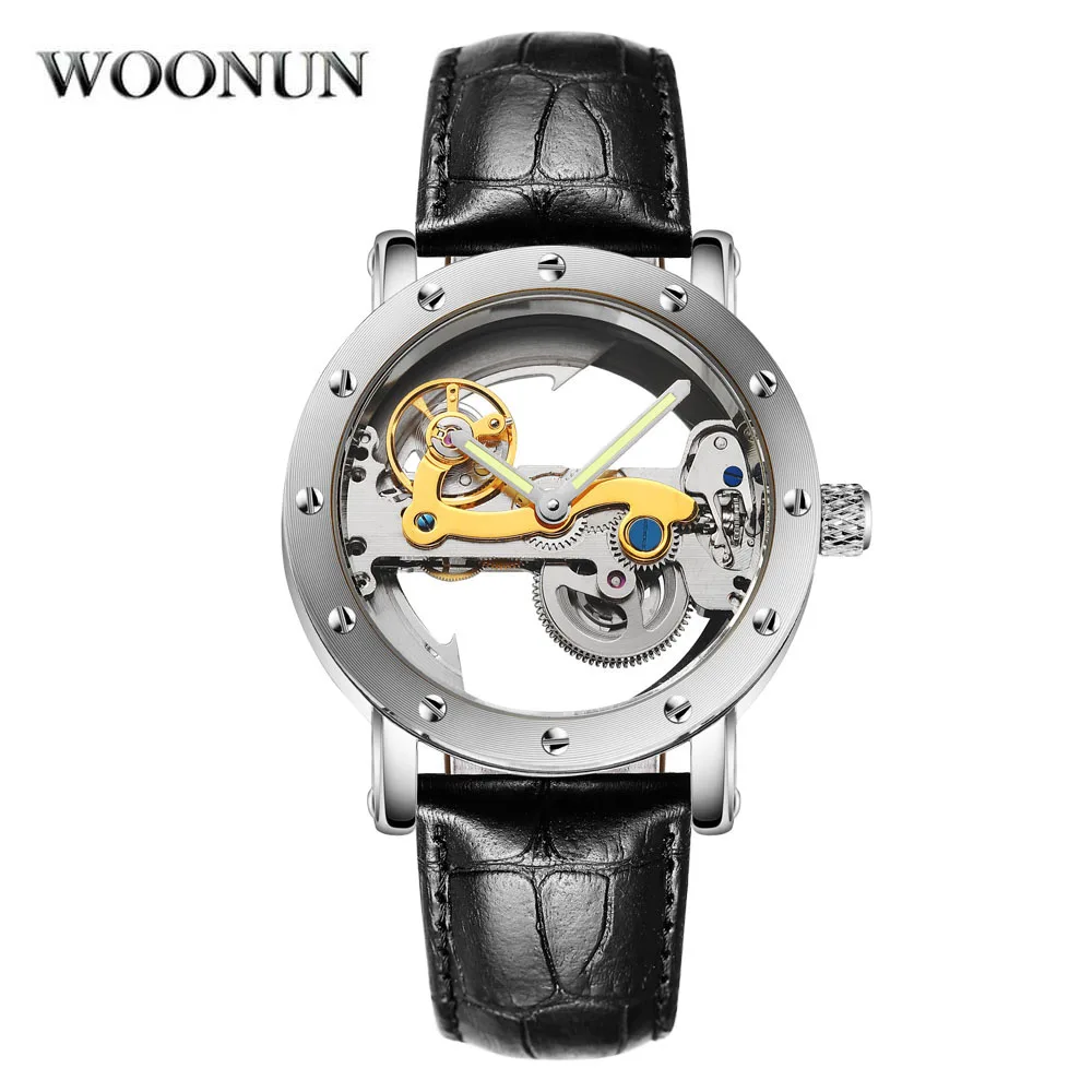 Luxury Brand WOONUN Leather Strap Transparent Dial Golden Case Mens Watches Automatic Mechanical Orologio Men