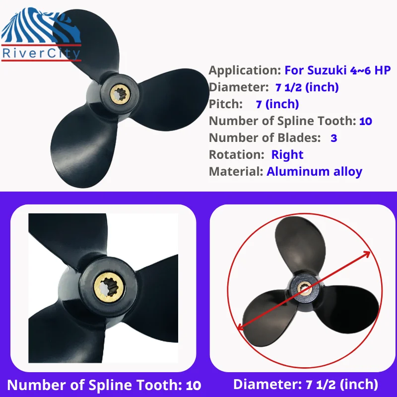 For Suzuki F4 F5 F6 Outboard Propeller 71/2X7 Boat Motor Aluminum Alloy Screw Ship Marine Engine 3 Blade 10 Spline