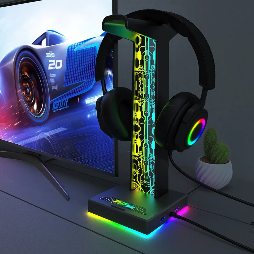 RGB Gaming Headphone Stand 10 Lighting Effects Dual USB Port 3.5mm Audio Port Desktop Gaming Headset Holder Hanger for Gamer PC