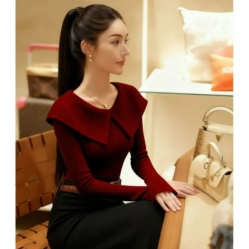 

2026 Winter New Fashion Gentle Elegant Style Large Lapel Knitted Sweater French-style Slim-fit Base Layer Sweater Top for Women