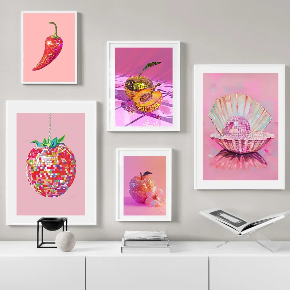 1PC Large-sized frameless canvas paintings,Trendy Fruit Disco Ball Poster Prints For Living Room Pink Tones Minimalism Wall Art