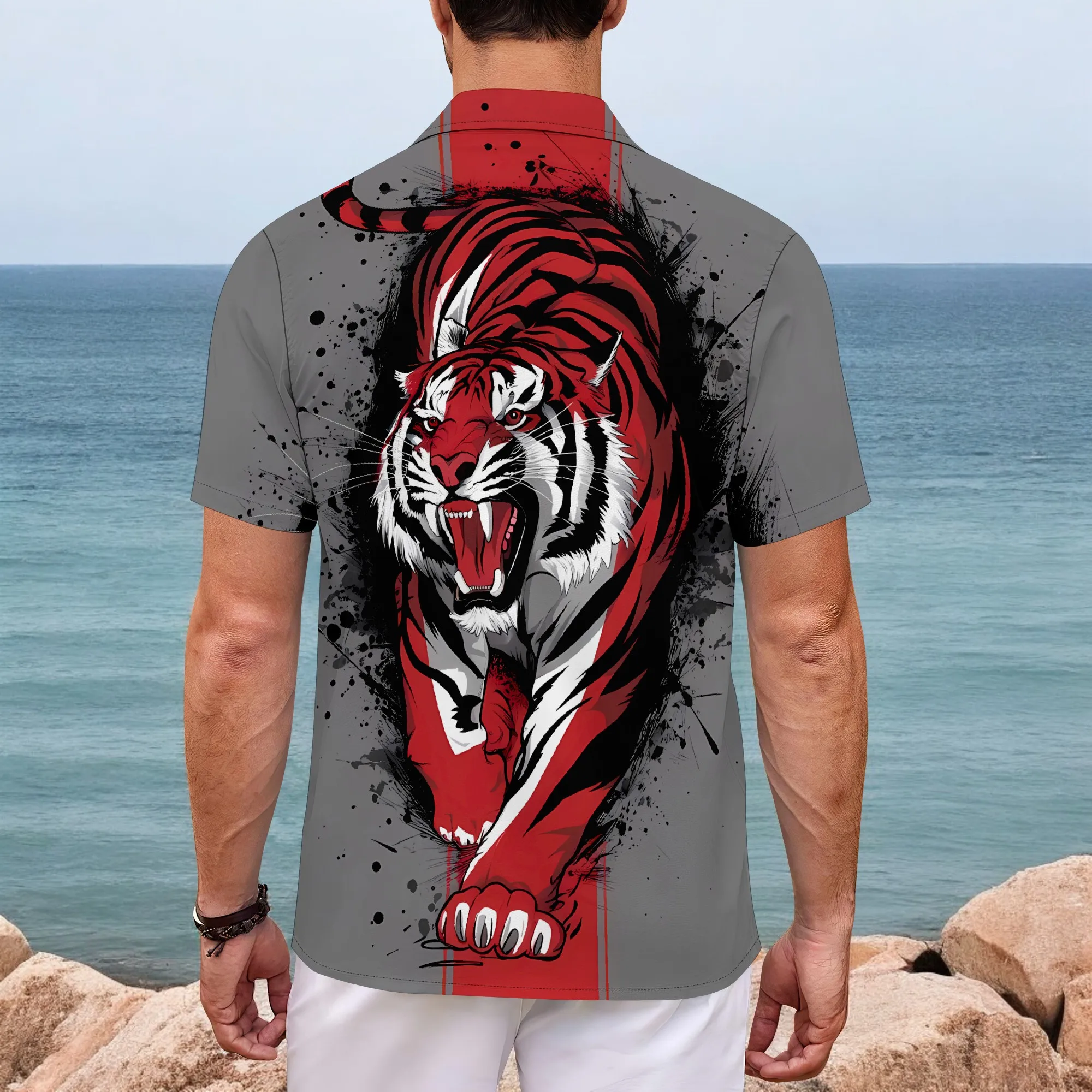 YEAE Roaring Tiger Print Shirt for Men Summer Casual Short Sleeve Top