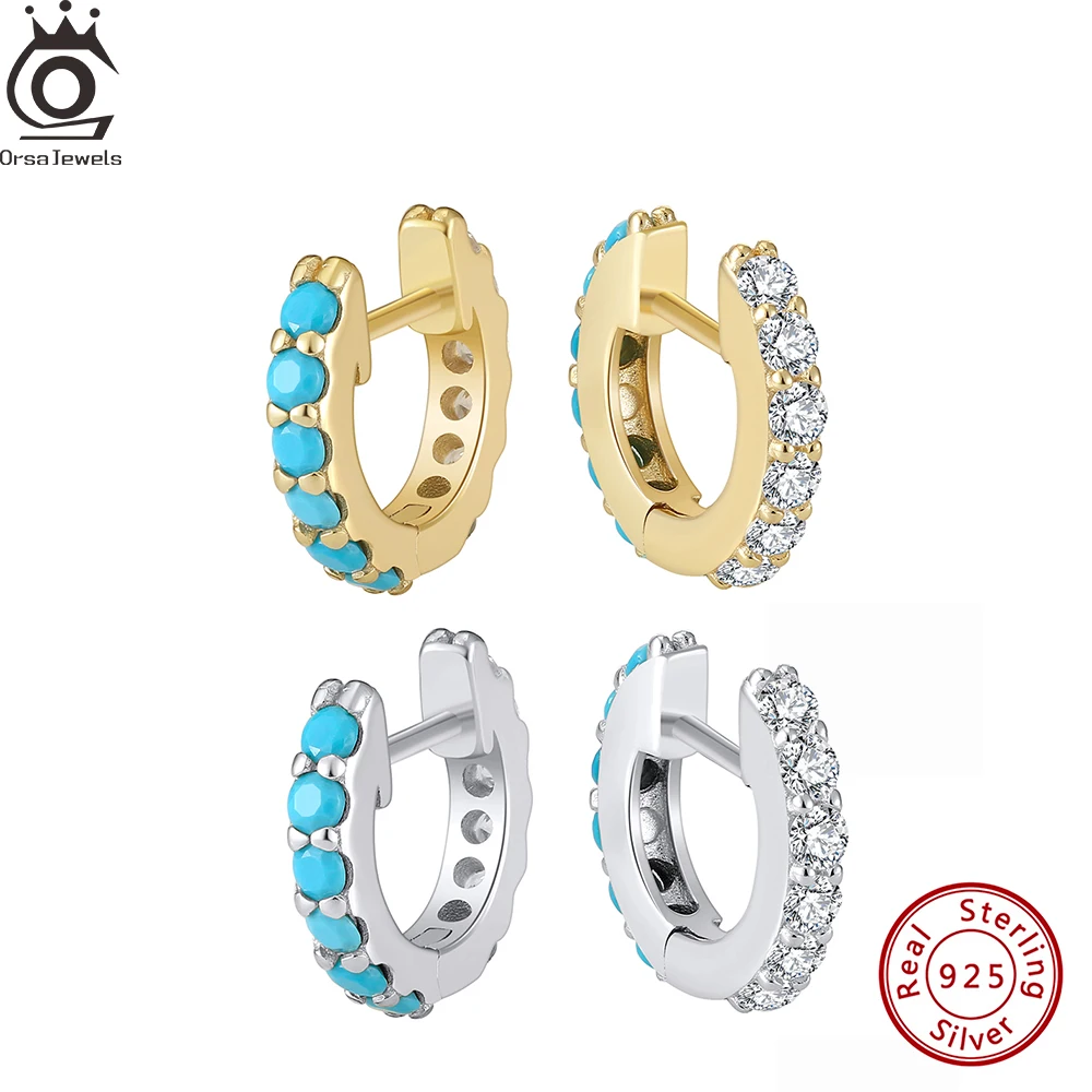 

ORSA JEWELS Vintage 925 Sterling Silver Turquoise Hoop Earrings with Clear Cubic Zircon CZ Cute Circle Earrings Jewelry APE105