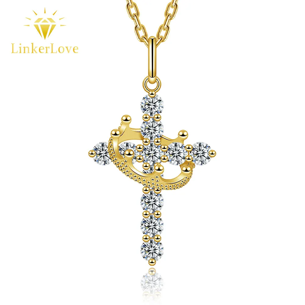 

LinkerLove Golden Moissanite Cross Pendant Necklace S925 Sterling Silver for Women Rotatable Crown Clavicle Chain Fine Jewelry