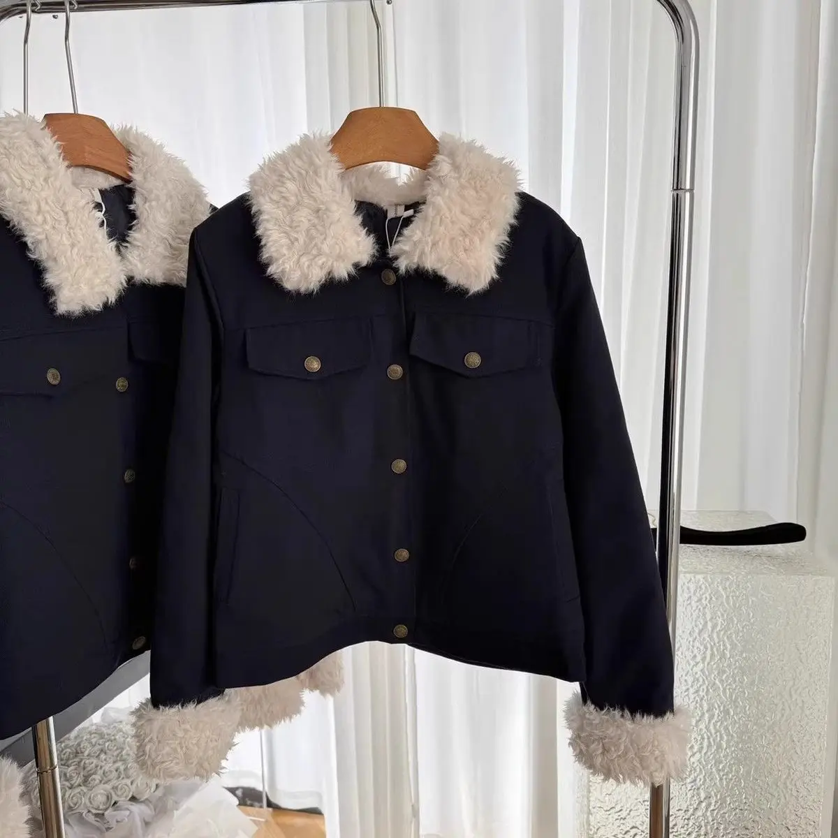 Faux Lambswool Patchwork Short Quilted Cotton Jacket Coat Women Retro Slim Navy Blue Padded Coat Female Workwear Style Outerwear