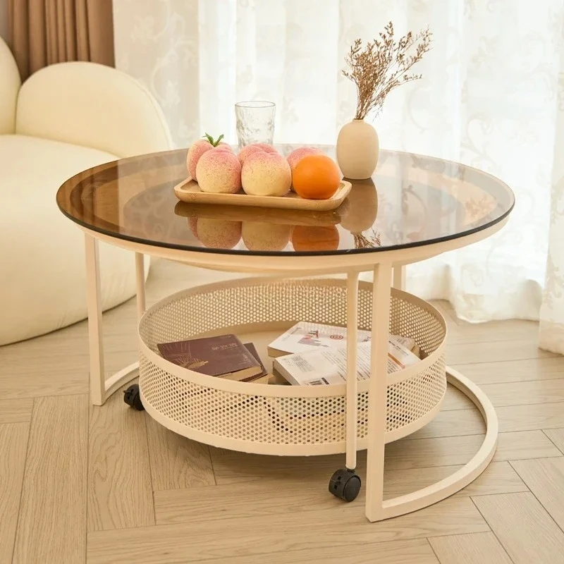 

French cream wind tempered glass coffee table household living room modern movable round coffee table with wheels