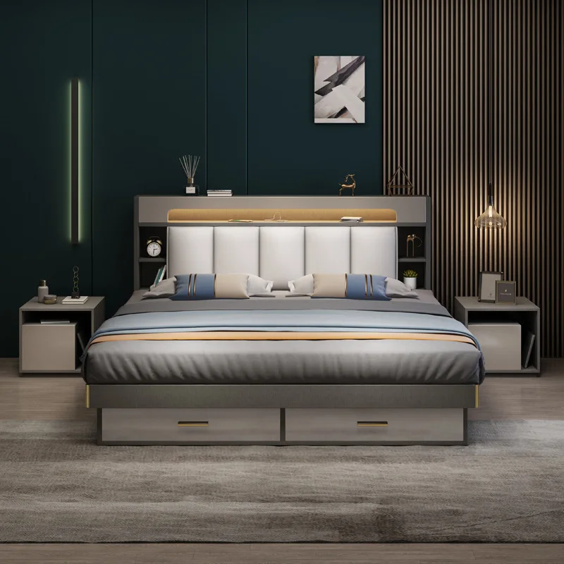 

Luxury Upholstered Leather multiple function bed Modern Home king size bed frame with headboard and mattress Wooden Bed A