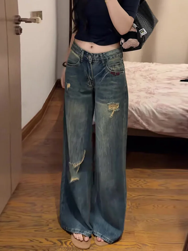 

Retro American Y2K Millennium Style Women's Jeans Low Waist Loose Fit Hole Design Summer Slimming Long Pants