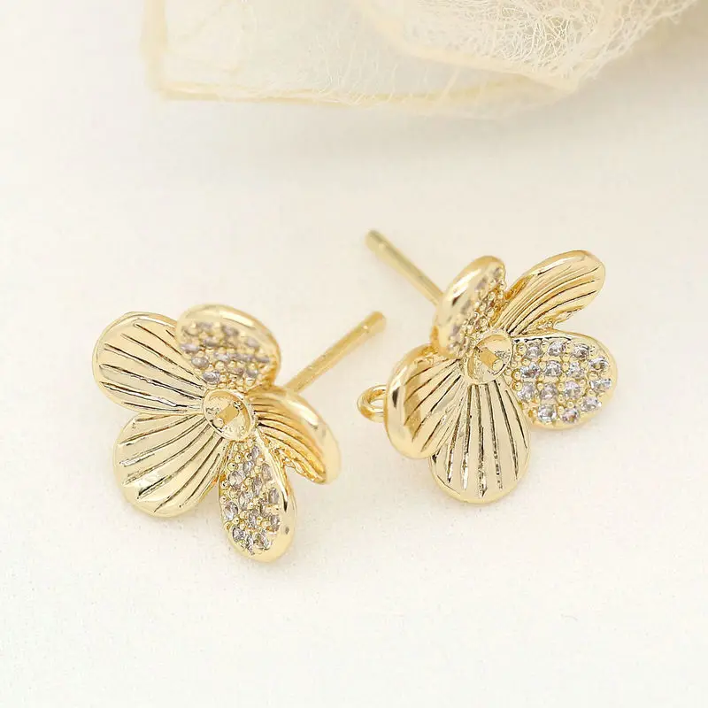 13MM 14K Gold Color Plated Brass and Zircon Flower Stud Earrings Sterling Silver Pins Earrings DIY Jewelry Making Accessories