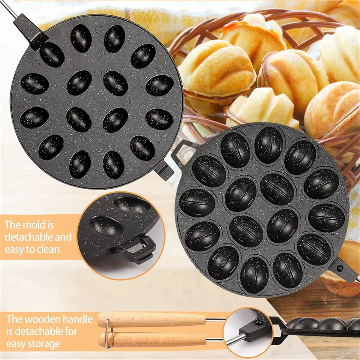 2026 New 16-Hole Walnut Cookie Cutter, Universal Baking Pan with Non-Stick Coating and Wooden Handle