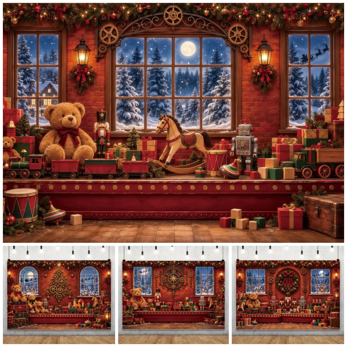 Christmas Toy Shop Window Photography Backdrop Vintage Teddy Bear Nutcracker Background Kids Holiday Portrait Party Decoration