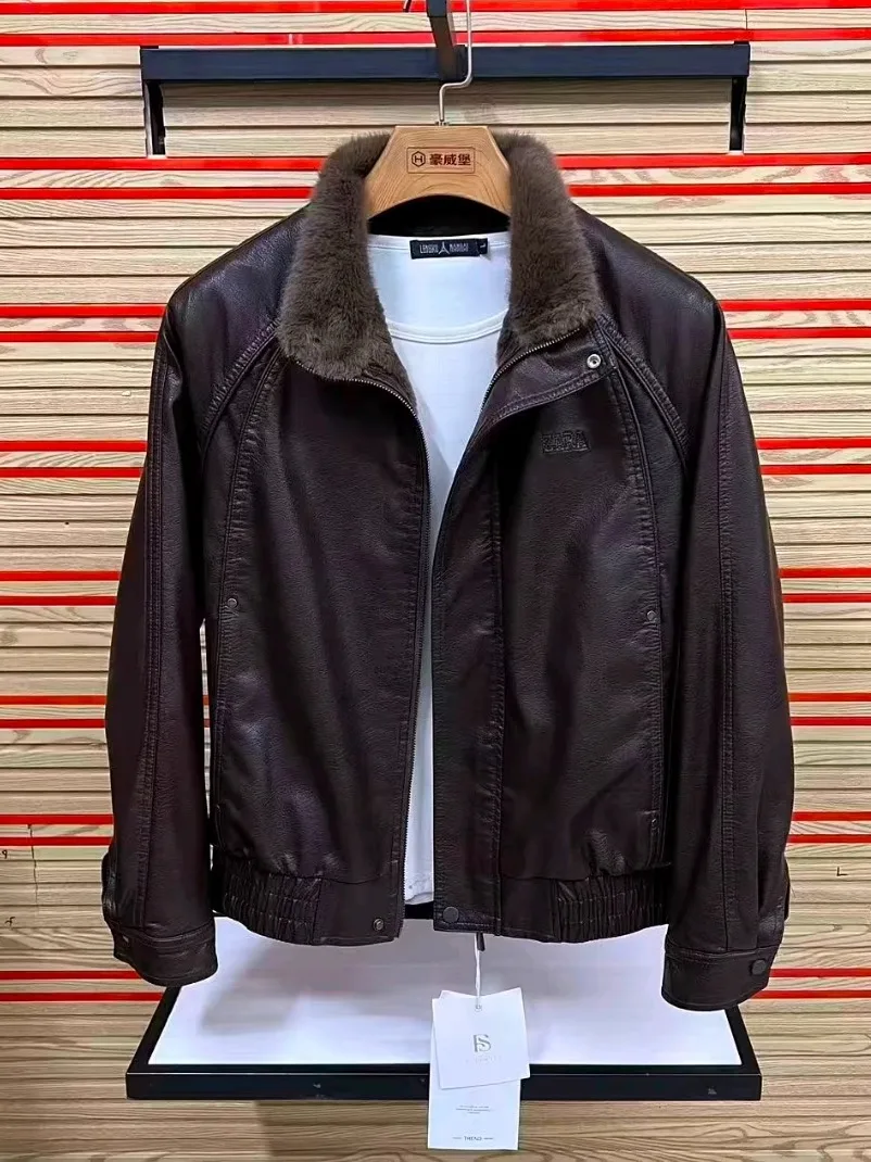 

Men's PU Leather Fce Lined Jaet Autumn Winter New Arrival Faion Urban Busin Sle Long Sve Zipper Closure Coat