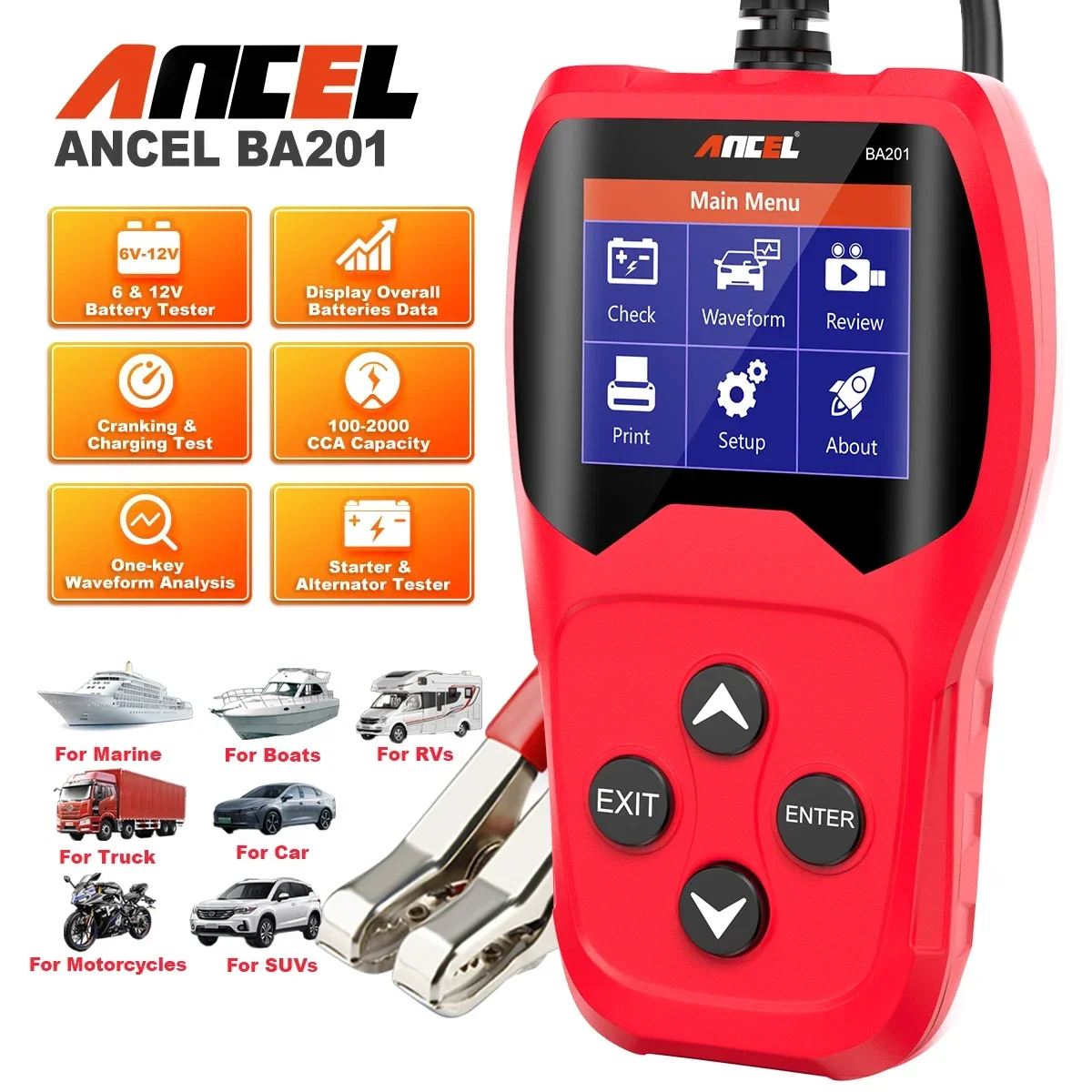 ANCEL BA201 Car Battery Tester 12V 100 to 2000CCA 12 Volts Battery Tools for The Car Quick Cranking Charging Diagnostic Tester