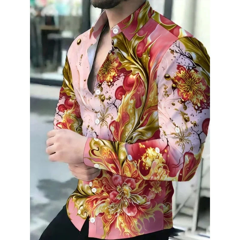 Men's long-sleeved shirt, featuring 3D printing with large floral patterns, is fashionable, versatile, comfortable, and casual