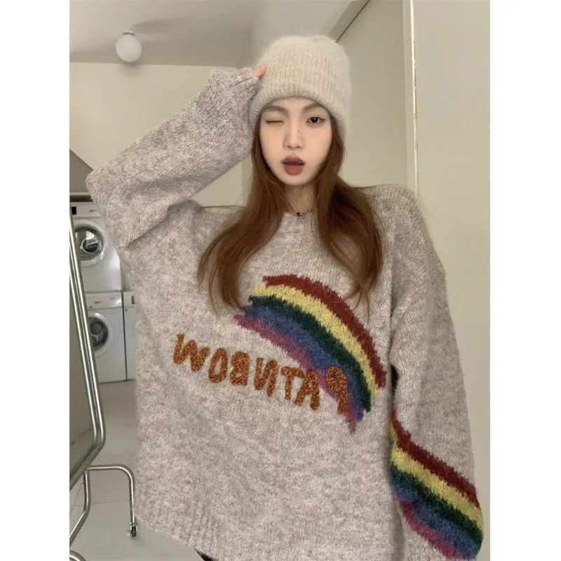 Korean Style Versatile 2024 Autumn New Rainbow Striped Sweater Knitted Pullover Outer Wear Long Sleeve Crew Neck Top