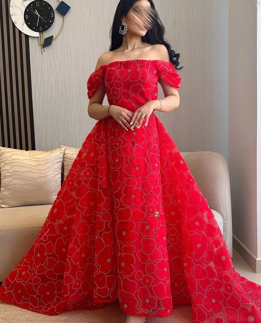 Red Luxury Evening Dresses Off Shoulder Flower Embroidery A-Line Prom Dresses 2023 Arabia Popular Formal Occasion Party Dresses