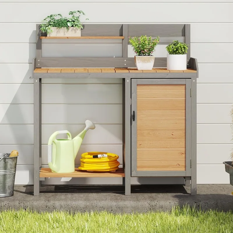 Outdoor Garden Workbench with Sink Square Wood Potting Table Workstation with Shelf for Patio Lawn Outdoor Wood Potting Bench