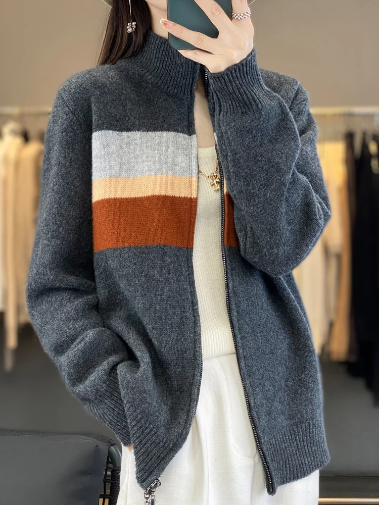 

Women's Zippers Cardigan Mock Neck New Arrivals Spliced Colour Casual Loose 100% Merino Wool Soft Thick Warm Sweater Tops