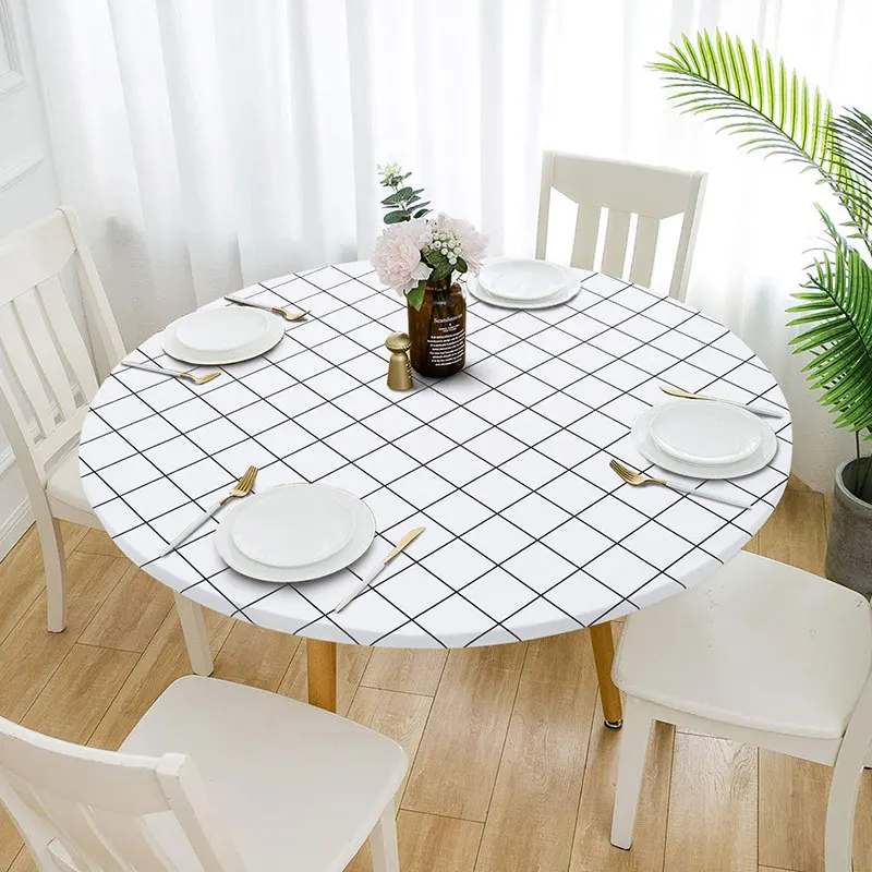 1pcs Elastic Edged Vinyl Fitted Tablecloth Round Flannel Backed Table Cover Oil & Waterproof Wipeable Table Cloth Dining Table