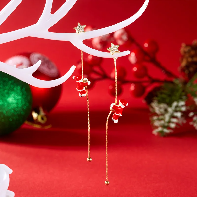 Trendy Moving Santa Claus Tassel Dangle Earrings for Women Sweet Candy Snowflakes Stud Earrings Holiday Party Jewelry Gifts