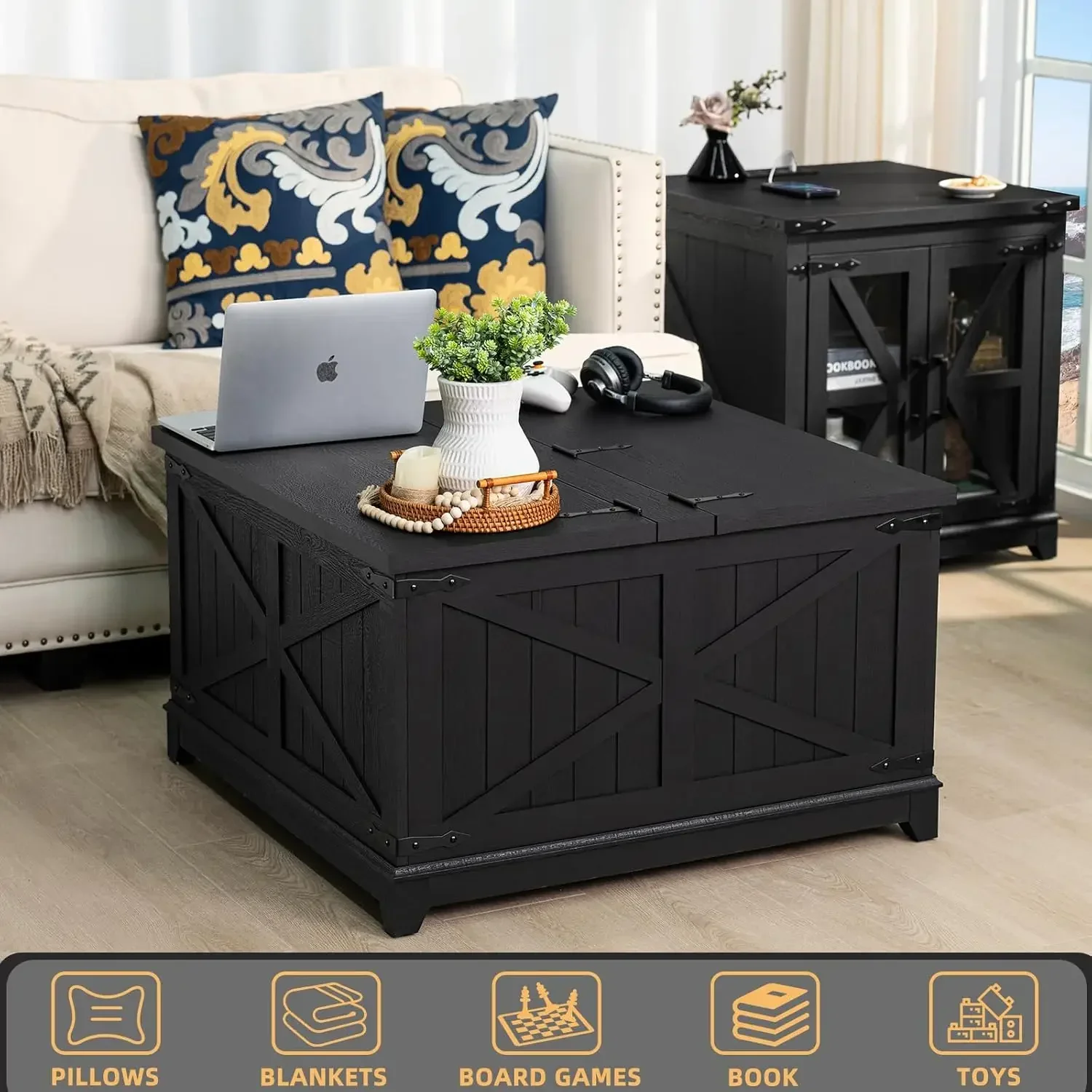 Farmhouse Coffee Table with Hidden Storage Organizer, Black Square Large Center TableHinged Lift Top for Home, Office