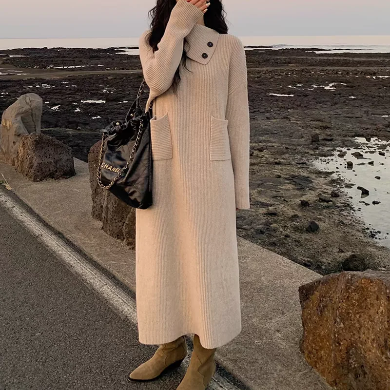 MiiiiX Korean Long Turtleneck Knitted Sweater Dress Loose Straight Versatile Casual Bottoming Dress 2024 Autumn Women's Clothes