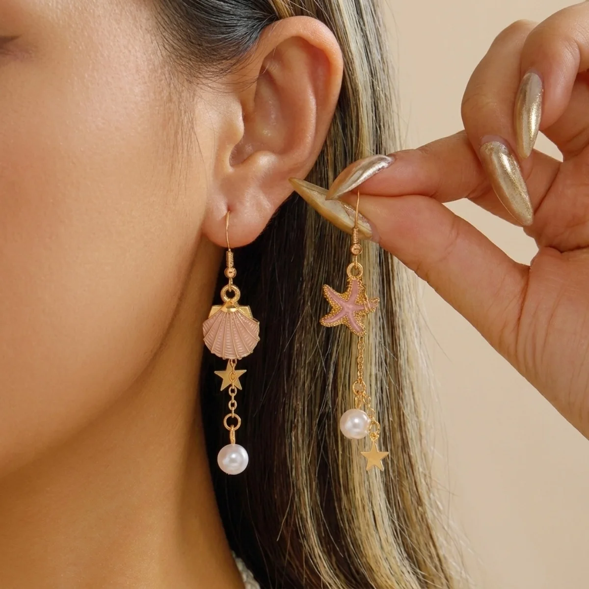 Ocean Beach Emaille Seestern Muschel Imitationsperlen Quaste Asymmetrische Hängeohrringe für Damen und Herren Stern-Ohrringe Sommer-Schmuck – Detail 13